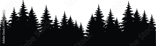 Dense evergreen pine forest silhouette, black conifer tree skyline isolated, natural woodland landscape border design element for winter nature illustration