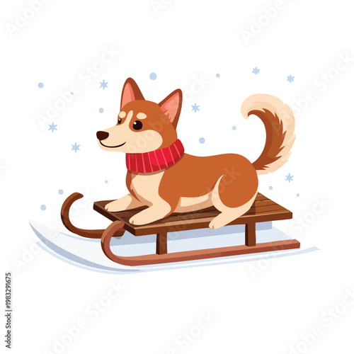 Cartoon dog on a wooden sled with a red scarf against a white backdrop