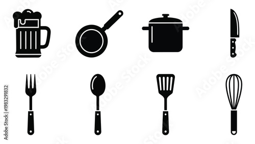 A collection of black silhouette icons representing various kitchen tools and cooking utensils high quality professional