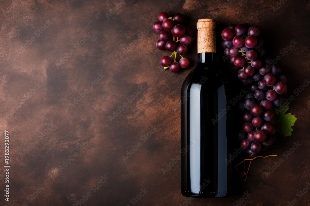 Naklejka premium Wine bottle resting with fresh red grapes and leaves on a dark brown surface