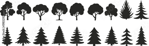 Set of mixed tree silhouettes, deciduous and evergreen black isolated icons, forest and garden elements for landscape design illustration use