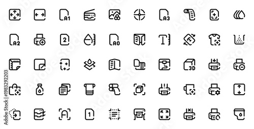 Printing icon set. Vector graphics collection for print design. Includes symbols for 3D printer, CMYK, paper size, ink, brochure, plotter, toner and more. Editable stroke.