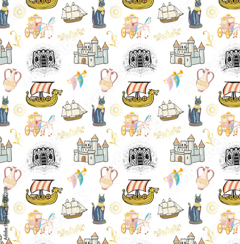 Seamless pattern of castle, a ship with billowing sails, a wizard's hat, sword, unicorn, dragon and knight