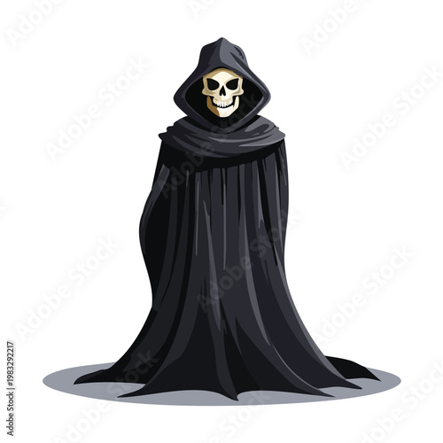 Grim reaper figure in black hooded robe isolated on white background