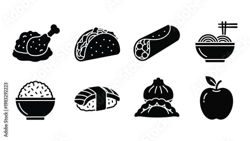 A collection of black silhouette icons representing various food items including meats sushi and fruit
