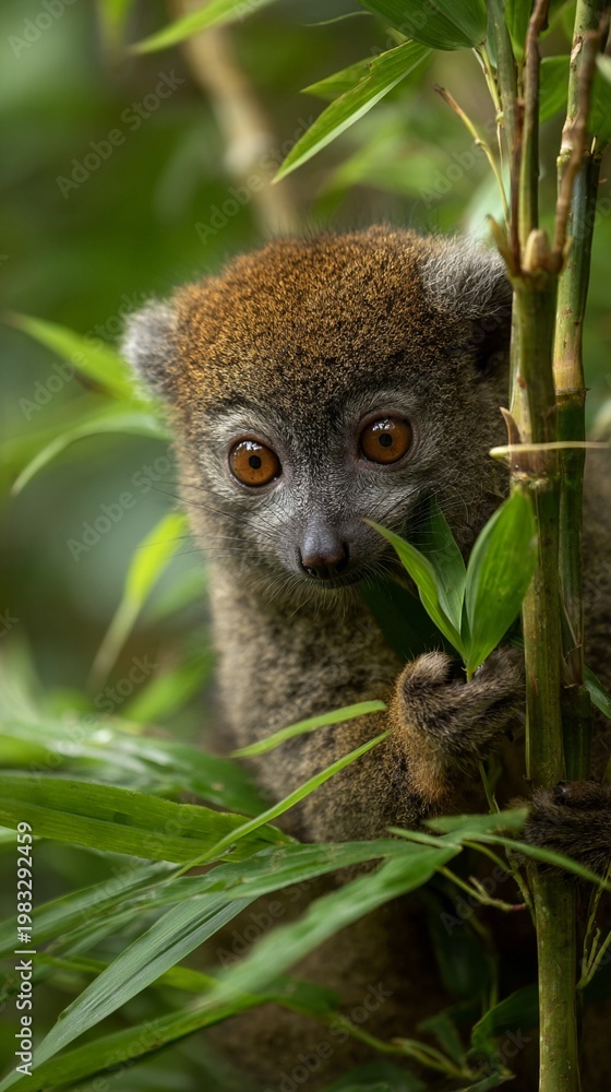 Obraz premium Curious lemur nestled among lush green bamboo leaves, peering with large amber eyes in a dense tropical forest setting, capturing the essence of Madagascar's unique wildlife