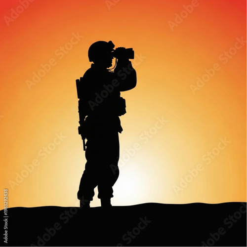 Soldier Silhouette Using Binoculars at Sunset.