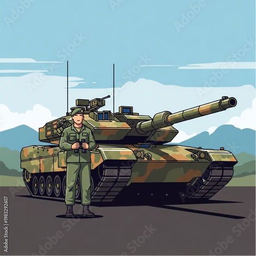 Soldier Standing Beside Military Tank Vehicle.