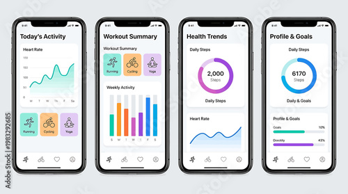 Modern mobile application user interface displaying comprehensive health and fitness tracking data dashboards for digital wellness and progress monitoring