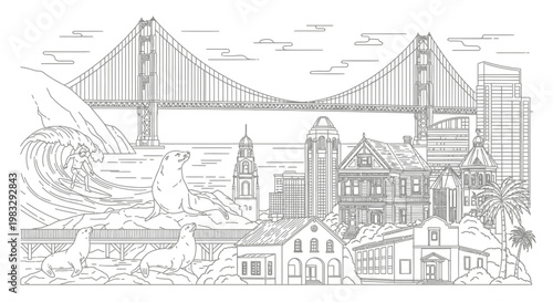 San Francisco cityscape illustration with bridge.