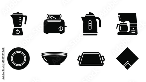 A collection of black silhouette icons depicting kitchen appliances and various dishware items high quality professional