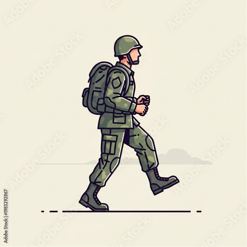 Soldier Walking with Backpack and Helmet.