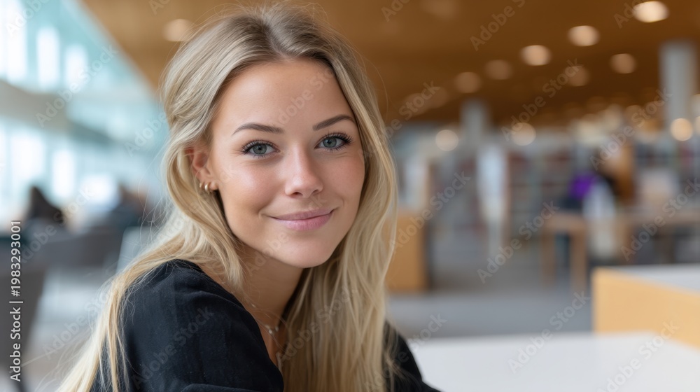 Obraz premium Blonde female student looking at the camera with a bright smile, in a modern library. 