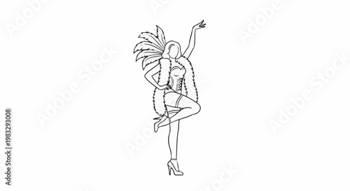 Dancer in feathered headdress and fur boa, legs crossed, one arm raised