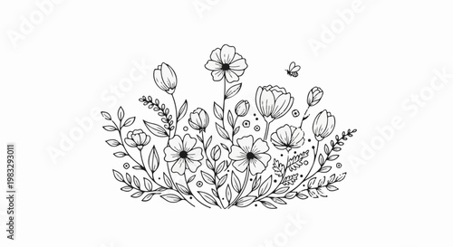 Delicate line drawing of blooming flowers, buds, leaves, and a tiny bee