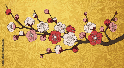 Delicate pink and red blossoms branch out against a golden patterned backdrop
