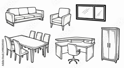 Collection of hand-drawn furniture items including sofa, armchair, desk, and dining set