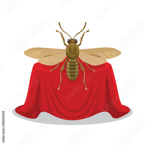 Insect with extended wings resting on vibrant red cloth illustration
