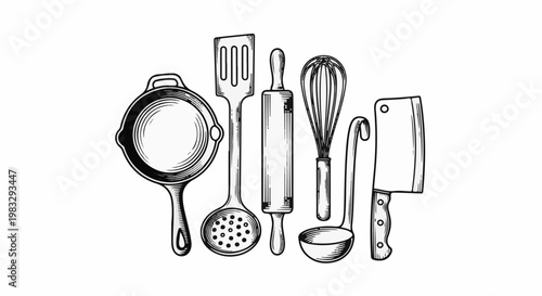 Collection of hand-drawn kitchen utensils on a white background