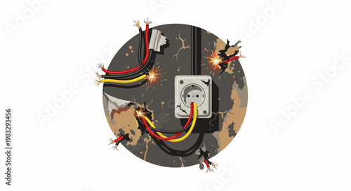 Damaged electrical outlet with sparking wires and exposed conductors