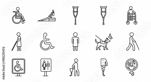 Collection of icons depicting accessibility, disability, and assistance aids