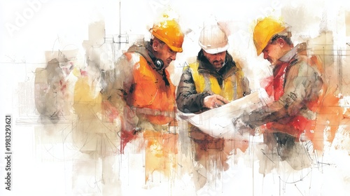 Building Safety Month: watercolor illustration of construction workers collaborating on a building safety inspection, loose expressive brushstrokes