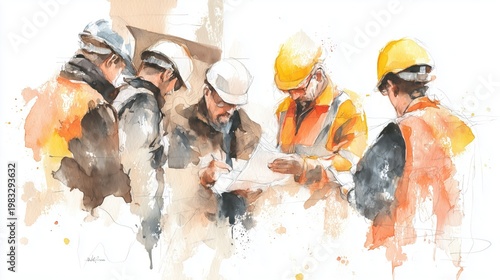 Building Safety Month: watercolor illustration of construction workers collaborating on a building safety inspection, loose expressive brushstrokes