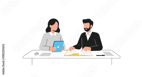 Two colleagues, a man and a woman, are working together at a desk with a tablet and a book in a clean, minimalist flat vector style.