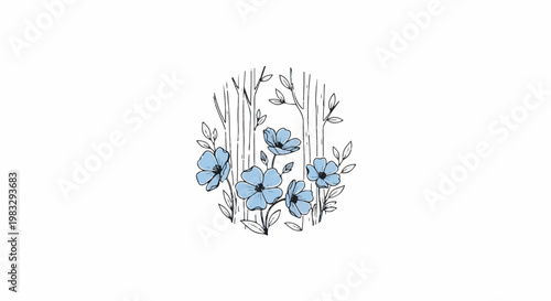 Delicate blue flowers bloom among textured branches in a sketch