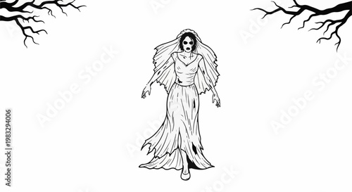 Creepy ghost bride in tattered veil and dress with bare branches overhead