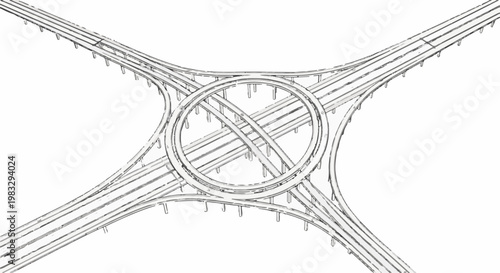 Complex interchange with multiple elevated lanes and a central circular roadway