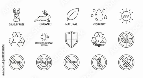 Collection of product certification icons for skincare and cosmetics