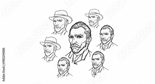 Collection of seven line art portraits of a man with a beard