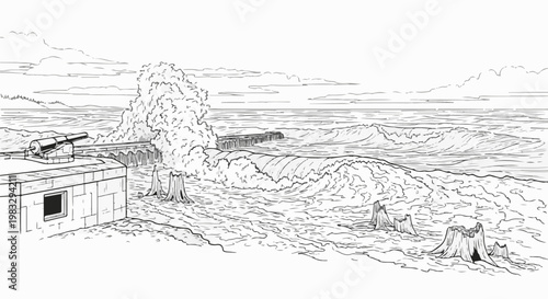 Coastal defense structure with cannon facing stormy ocean, broken trees
