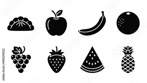 A collection of black silhouette icons representing various fruits and a savory pastry high quality professional