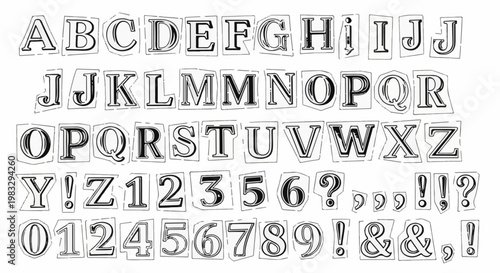 Collage of torn letters, numbers, and punctuation marks on white background