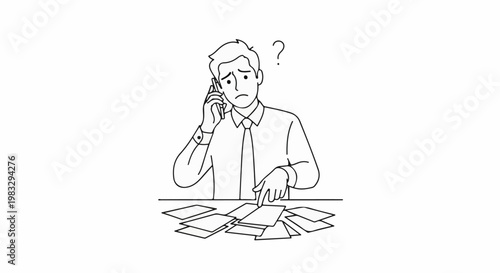 Confused man on phone, pointing at scattered papers on desk