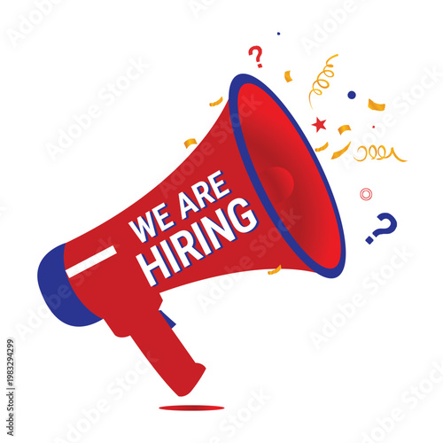 Red megaphone with blue trim and text 'we are hiring' announcing job opportunities with confetti and question marks.