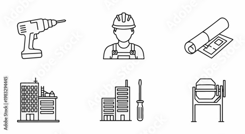 Construction icons drill, worker, blueprint, buildings, screwdriver, mixer
