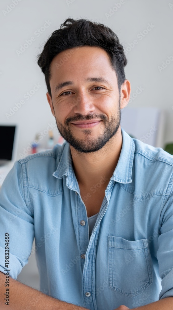 Obraz premium Close-up portrait of cheerful Hispanic businessman in casual clothes at home office. 