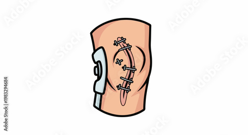 Cartoon illustration of a knee with surgical staples and a brace