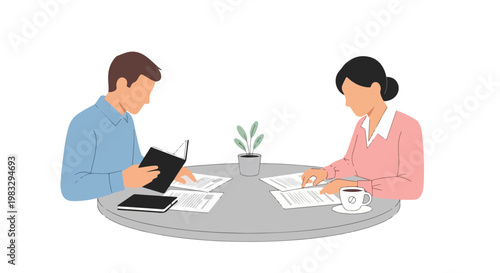 A man and a woman sit at a round table, diligently reviewing documents and taking notes in a professional or educational setting.
