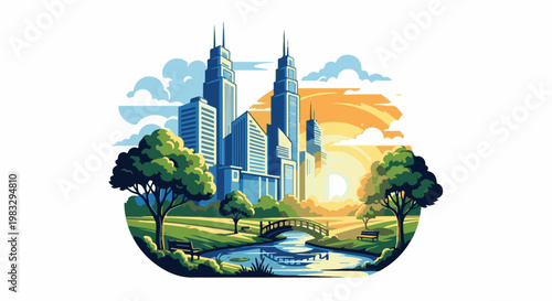 Cityscape park scene with skyscrapers and a sunset over trees