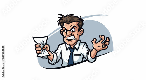 Cartoon man in a shirt and tie, frustrated, crumpling paper