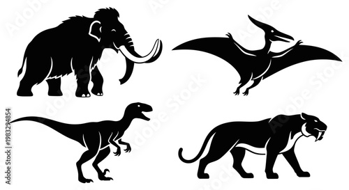 Extinct Prehistoric Animals Silhouettes Set: Mammoth, Pterodactyl, Velociraptor, Saber-toothed Tiger