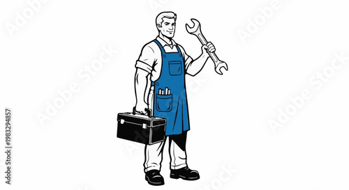 Cartoon mechanic holds tools, toolbox, and wrench, wearing blue apron