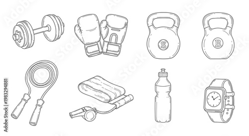 Fitness and exercise equipment illustrations.