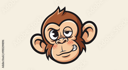 Cartoon monkey face with a mischievous expression, pink cheeks and bright eyes
