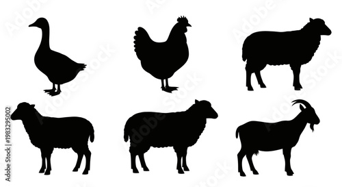 Farm Animals Silhouettes Collection: Goose, Chicken, Sheep, and Goat Icons