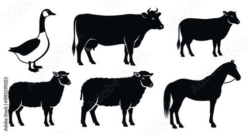 Farm Animals Silhouettes Collection: Goose, Cow, Sheep, and Horse Vector Icons